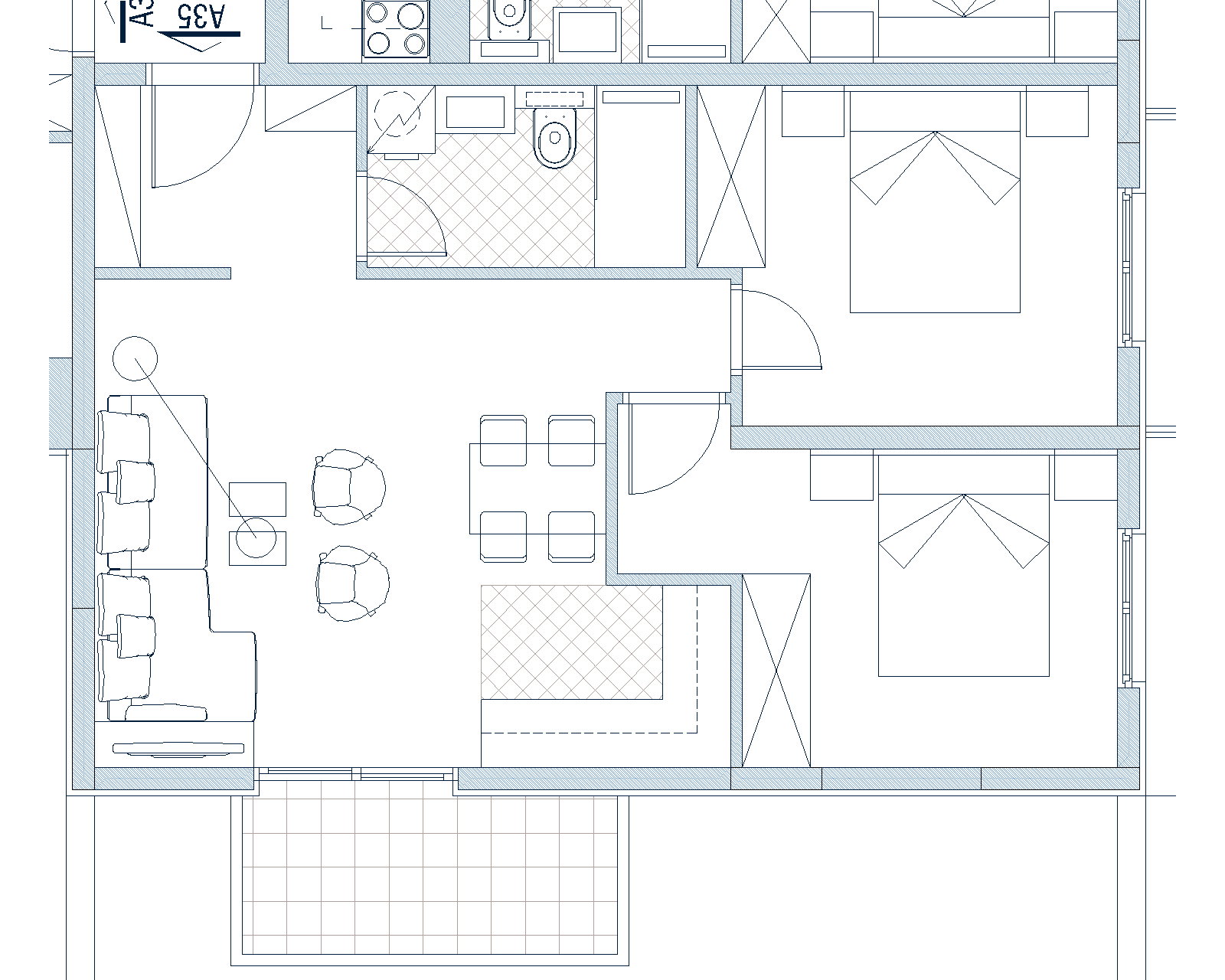 Планировка квартиры в Будве, Черногория: гостиная с кухней, две спальни, санузел и балкон, объект №1801.